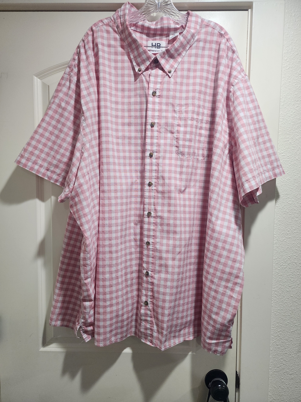 HB Pink White Gingham Plaid Short Sleeve Button Down Shirt Mens 6XL